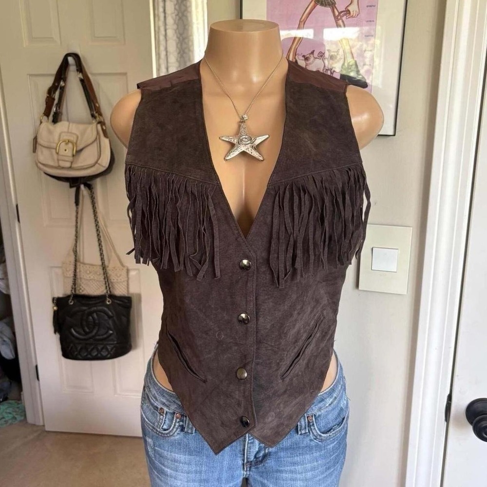 y2k 2000s western boho brown fringe leather vest Size S